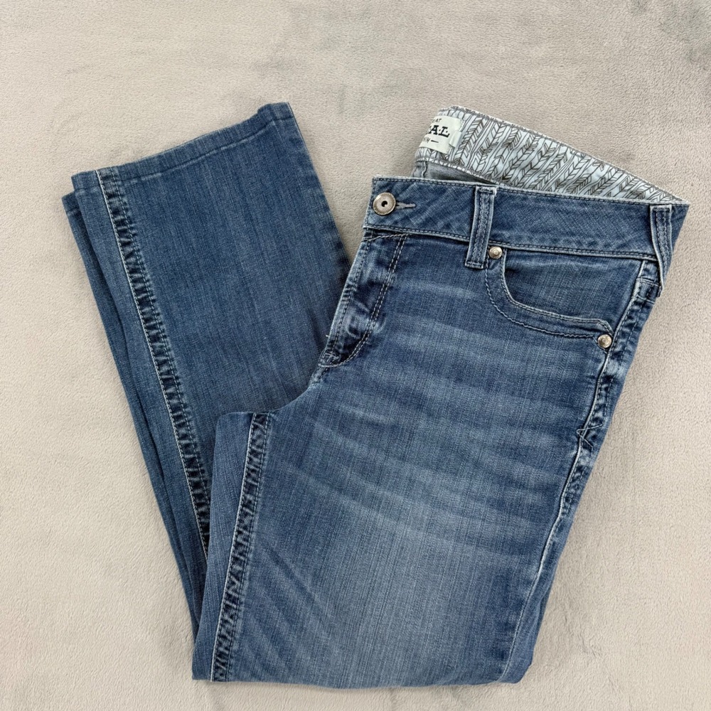 Ariat REAL Denim Arrow MR Straight Jeans Medium Wash Blue Womens 33R x27.5 READ